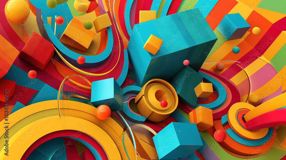 Poster abstract background with colorful 3d shapes scattered in geometric composition
