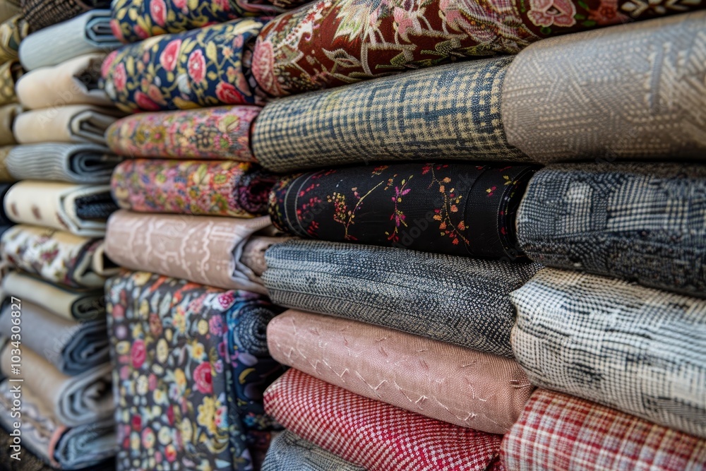 Poster various rolled fabrics featuring intricate patterns and colors are stacked neatly in a textile shop,