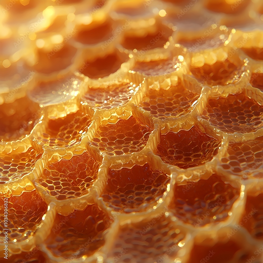 Poster close-up of a honeycomb, showcasing the intricate hexagonal structure and golden hue.