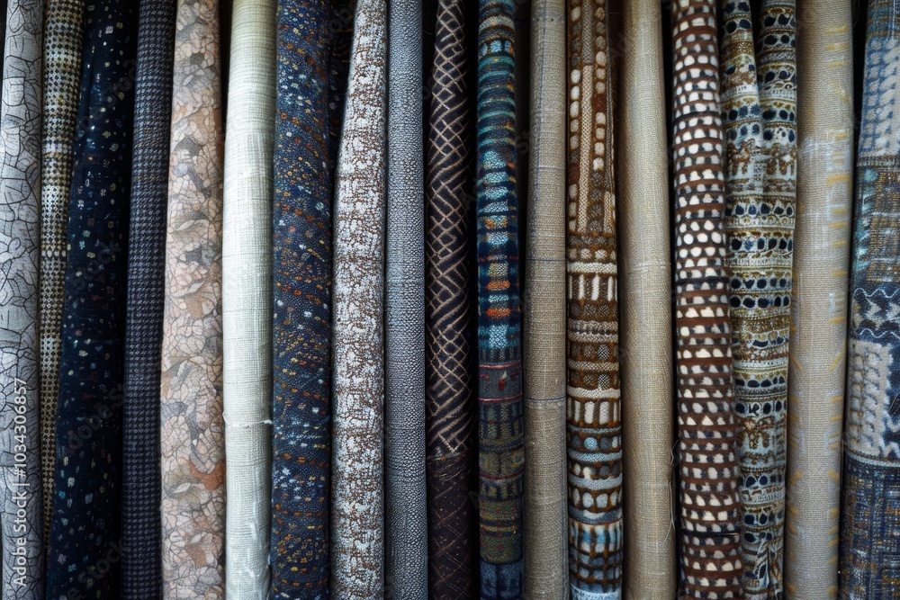 Leinwandbilder a stunning array of fabrics hangs in a textile shop, displaying intricate patterns and various textu