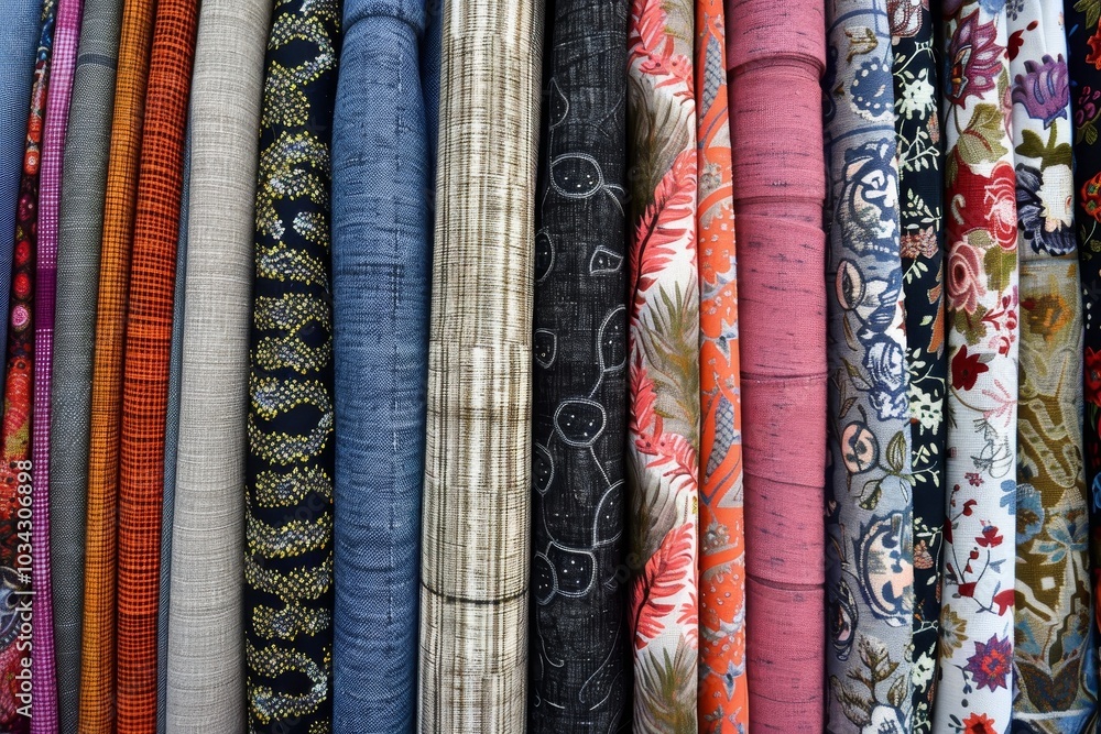 Poster an array of colorful fabric rolls lines the wall of a textile store, featuring intricate patterns an