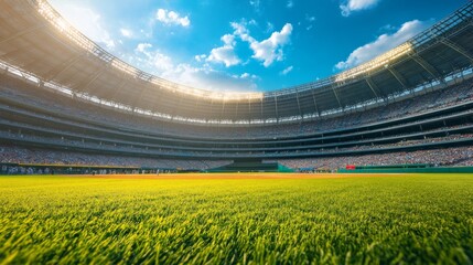 Fototapeta premium Bright and sunny baseball stadium scene with a full audience and clear skies overhead