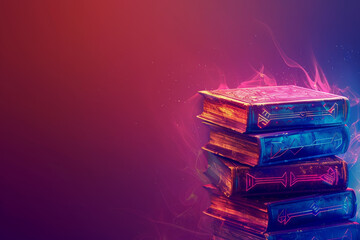 A stack of ancient books radiates vibrant colors, glowing softly in the dim light, creating an enchanting atmosphere. The background enhances their mystical allure