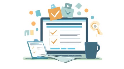 A flat vector illustration of an online form on the screen, next to it is clipart with check marks and a pen