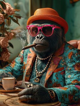 A gorilla in a fashionable floral suit is sitting with a cigar at the table