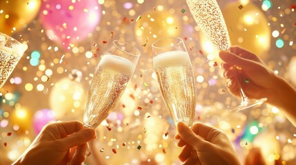 Joyful celebration at a New Years Eve party with champagne glasses and confetti as the clock strikes midnight