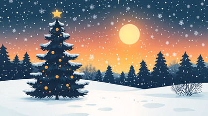 Naklejka premium A winter christmas scene and pine tree, set against a cold night sky with snowflakes - festive holiday season