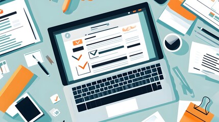 A flat vector illustration of an online form on the screen, next to it is clipart with check marks and a pen