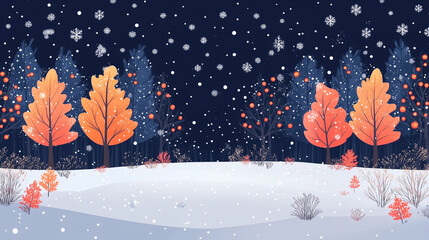 Snowy winter landscape with a Christmas tree and stars in the night sky