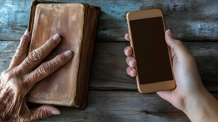 Close-up of wrinkled hands holding a book beside young hands holding a smartphone