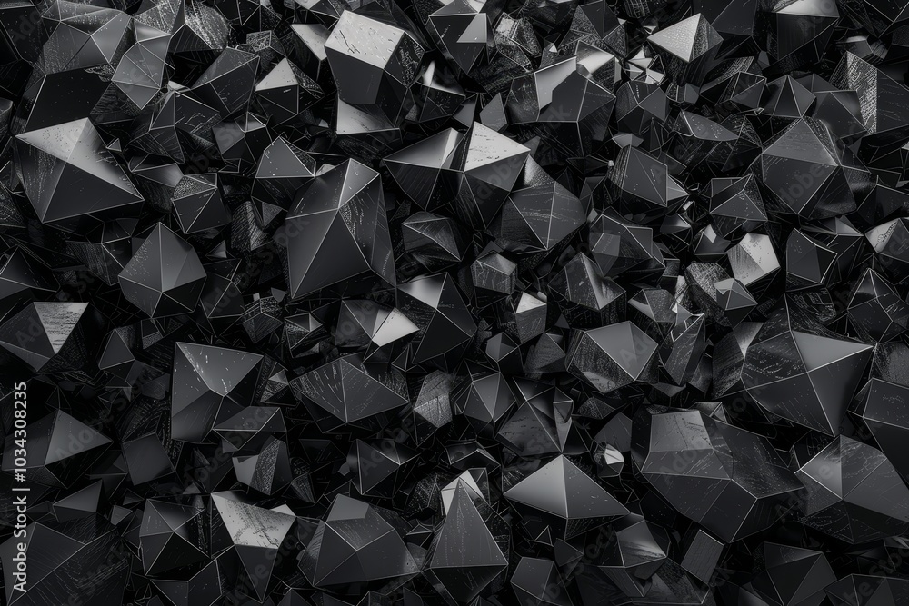 Poster a captivating arrangement of various black geometric shapes forms an intricate texture, creating a v