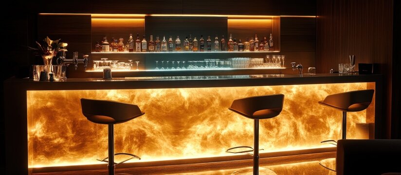 Modern bar counter with glowing backlighting and three bar stools.