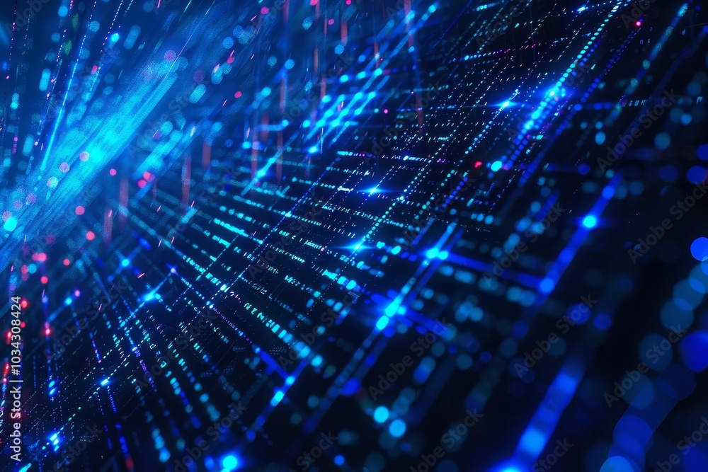 Poster a captivating visual depicts a dynamic data stream with vibrant blue and red light points, creating 