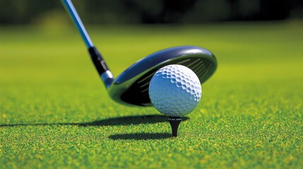 Close-up of a golf ball on a tee with a high-end golf driver next to it, and vibrant green grass capturing the essence of a top-notch golf course