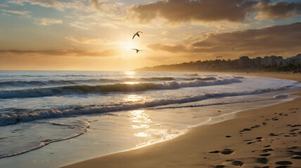 seagulls on the beach at sunset