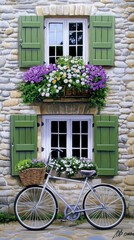 A lovely green door surrounded by vibrant flower boxes and a parked bicycle creates a picturesque atmosphere in a cobblestone alley on a sunny day