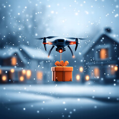 Drone delivering christmas present festive background with snow warm lights