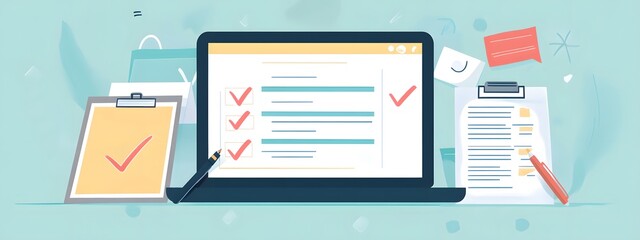 A flat vector illustration of an online form on the screen, next to it is clipart with check marks and a pen