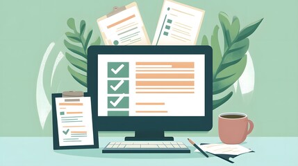 A flat vector illustration of an online form on the screen, next to it is clipart with check marks and a pen