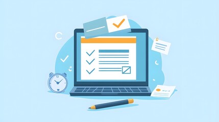 A flat vector illustration of an online form on the screen, next to it is clipart with check marks and a pen