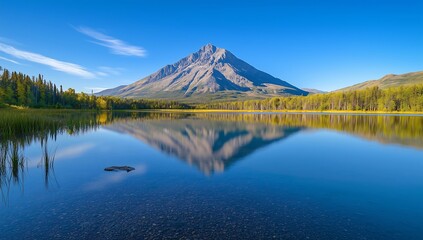 Sunset at a calm mountain lake in Austria with mirror-like reflection