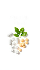 Pills vs. Natural Food isolated with white highlights, png