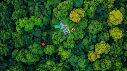 Naklejka premium An aerial view of a lush green forest canopy and trash bags pile. 
