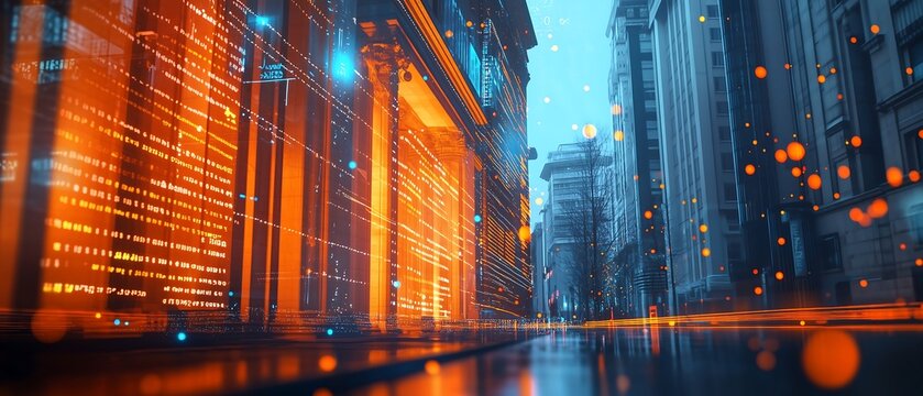 Digital representation of a bank building with financial data overlay, set on a vibrant digital background, concept of fintech - Generative AI