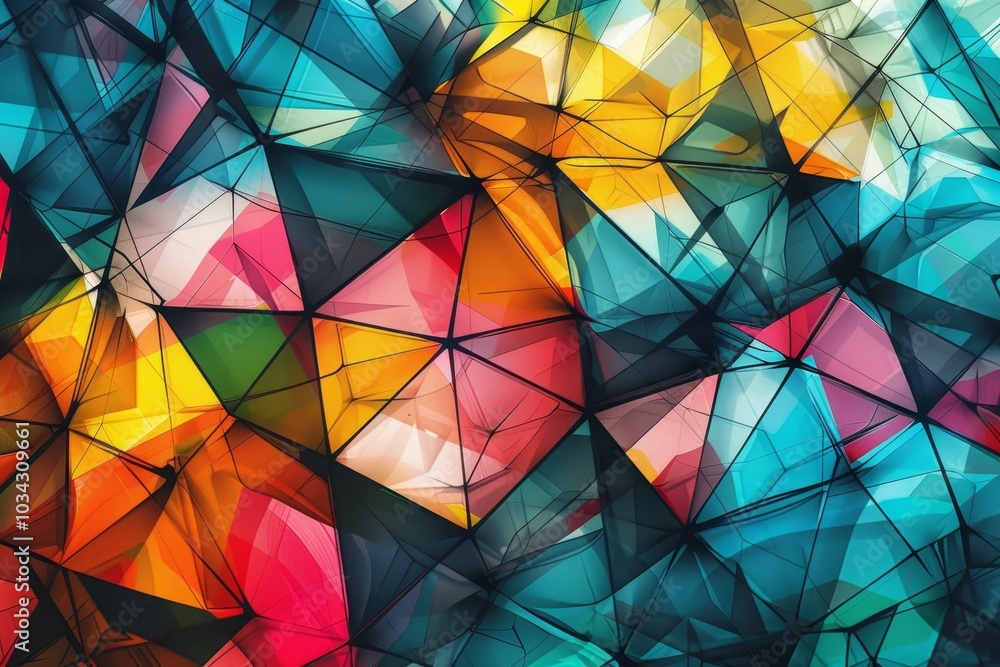 Poster this artwork features a vivid arrangement of geometric shapes, incorporating bright colors and sharp