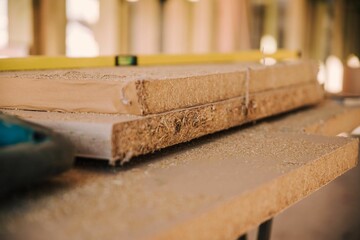Close-up of a wooden workbench