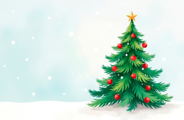 Fototapeta premium A decorated Christmas tree with a star on top on a winter background. Illustration. Space for text