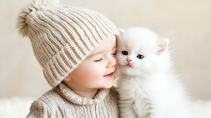 A joyful child embraces a fluffy white kitten, both wearing matching expressions of happiness, against a soft, neutral background