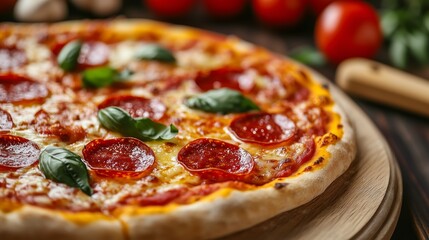 Close-up of a fresh pizza with pepperoni and basil on a wooden table, high-resolution photography, copy space for text, commercial photo
