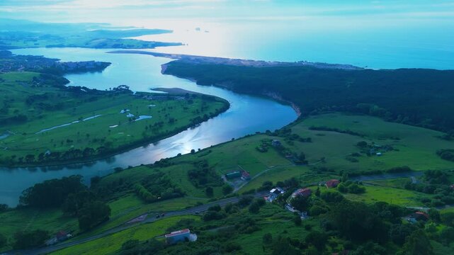 View of the Mogro Estuary and the Liencres Natural Park from La Picota mountain in the Liencres mountain range. Municipality of Pi&eacute;lagos. Cantabrian Sea. Cantabria. Spain. Europe