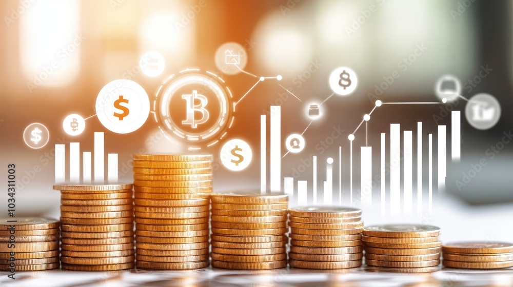 Poster Stacks of Gold Coins with Dollar and Bitcoin Symbols and Graph in the Background