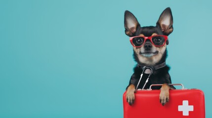 Dog dressed as a vet with glasses, stethoscope, and red first aid kit, symbolizing pet care, veterinary health, and a fun medical concept