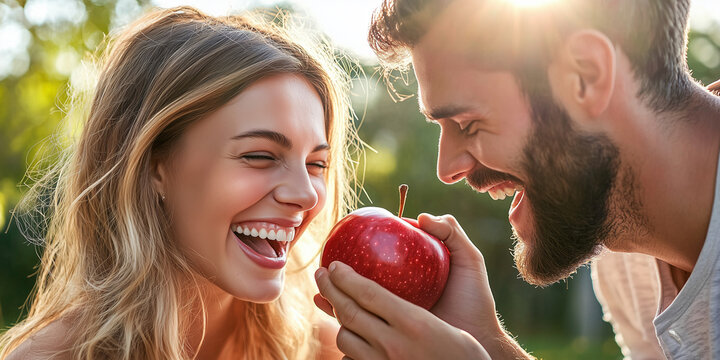 happy couple celebrating "Eat a Red Apple Day," enjoying fresh red apples together. The scene radiates joy, health, and love, symbolizing togetherness and wellness. - Powered by Adobe