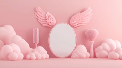 Pink Angel Wings and Clouds with Makeup Brushes and Comb.