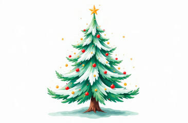 Obraz premium A decorated Christmas tree with a star on top on a winter background. Illustration. Space for text