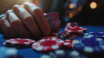 Close-up of a player's hands reaching for poker chips, capturing the anticipation and determination in casino gambling.
