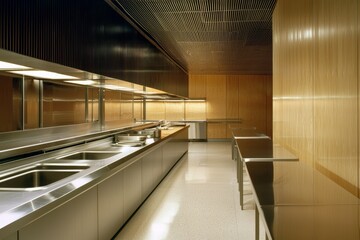 Minimalist kitchen with polished stainless steel countertops and modern lighting, representing a sleek and futuristic culinary design
