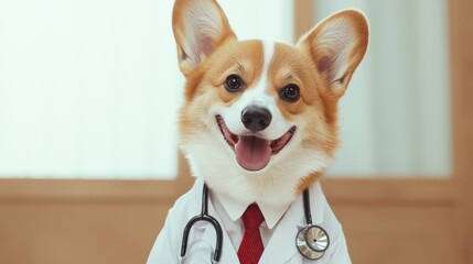 Playful Corgi wearing a vets stethoscope and tie, representing pet healthcare with a charming and professional vibe, perfect for animal care themes