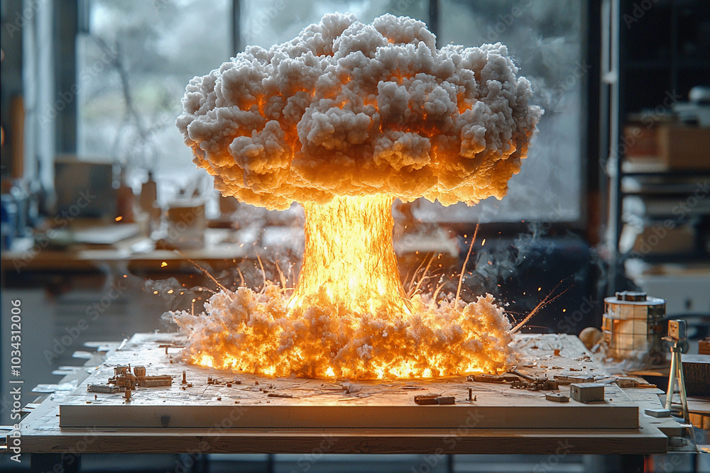 Poster explosive cloud rises in a workshop during a simulated experiment