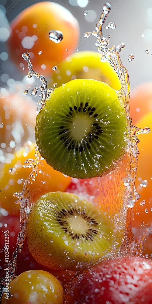 Poster a refreshing burst of color and flavor as kiwi fruit slices are splashed with water.