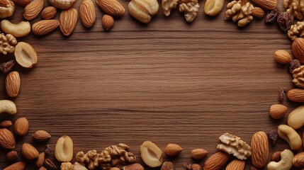 A flat lay featuring a variety of nuts and dried fruits (almonds, walnuts, cashews, and dried apricots) creating an earthy border around a wooden background.