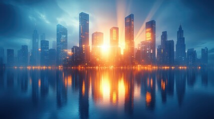 Fototapeta premium Modern City Skyline with Sunrise Reflection in Water