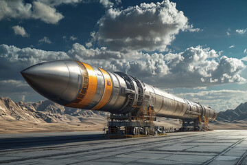 Large rocket on launch pad under a dramatic sky at a distant location