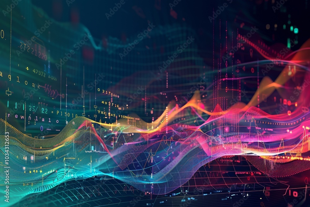Poster vibrant waves of color illustrate complex data visualizations, showcasing trends and patterns in tec