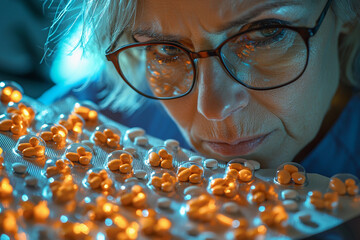 Scientist examining colorful pills under dramatic lighting in lab