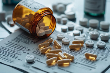 Pill bottles and tablets on prescription papers in daylight